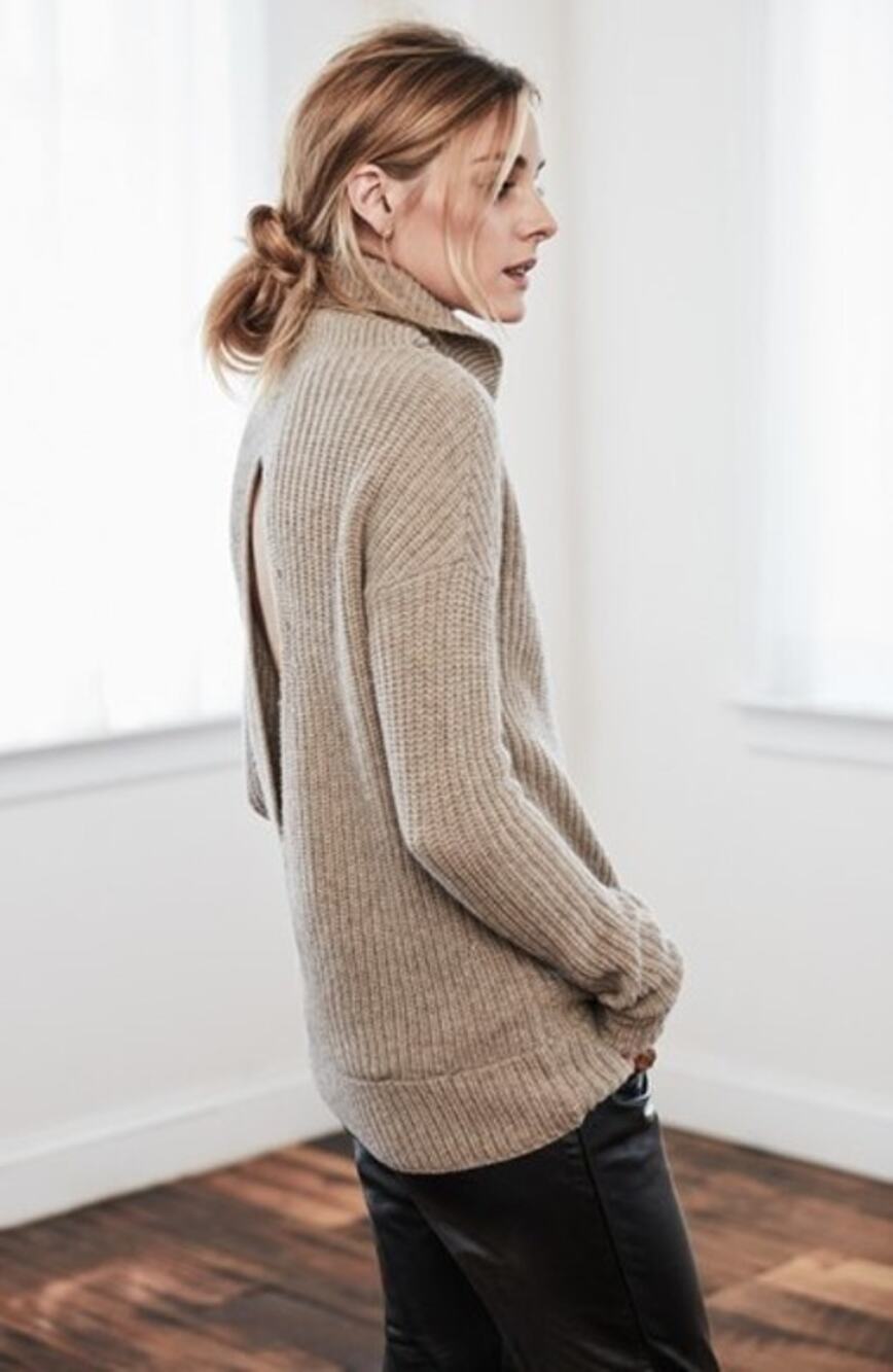 Olivia Palermo + Chelsea Beige Open Back Wool Cashmere Turtleneck Sweater XL